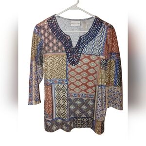 Alfred Dunner Blue and Orange Graphic 3/4 Sleeve Blouse, Size Small